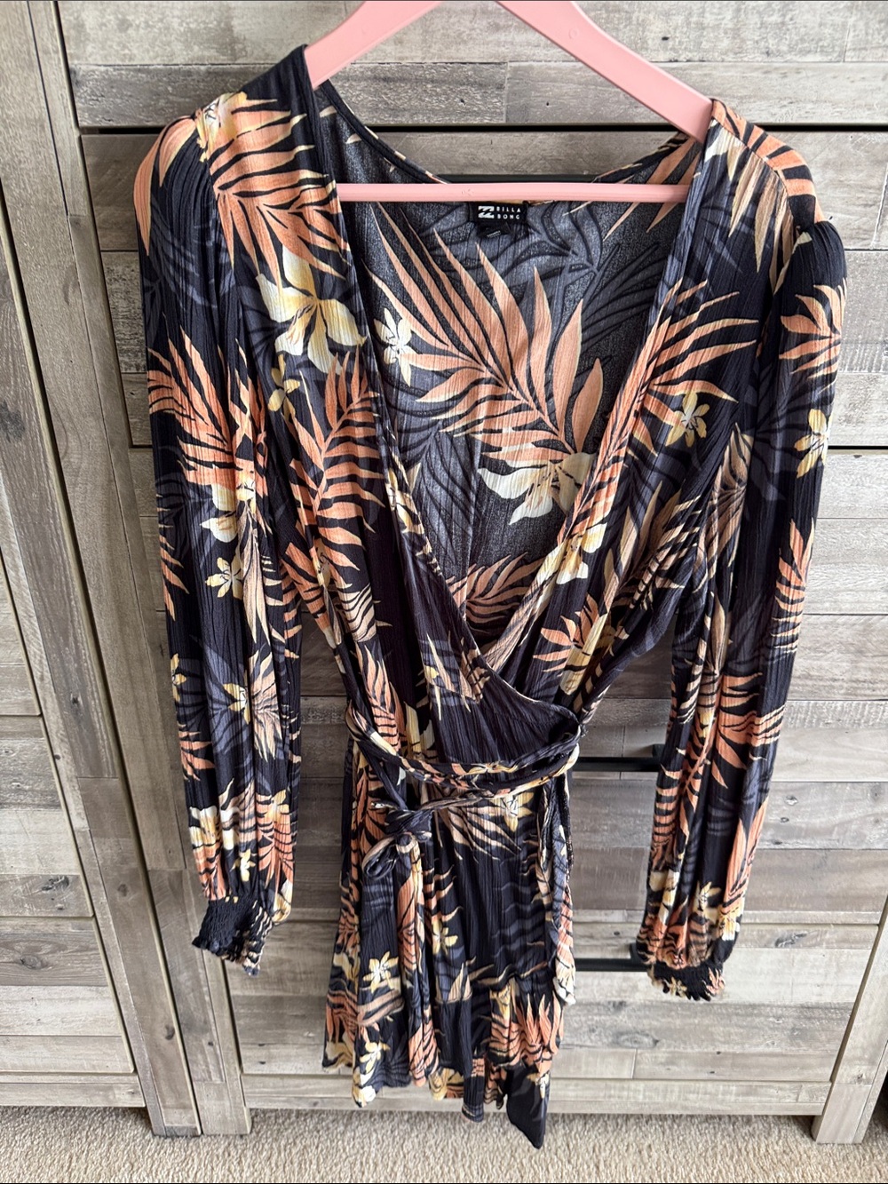 Billabong Black Wrap Mini Dress with Peach and Cream Leaf Print